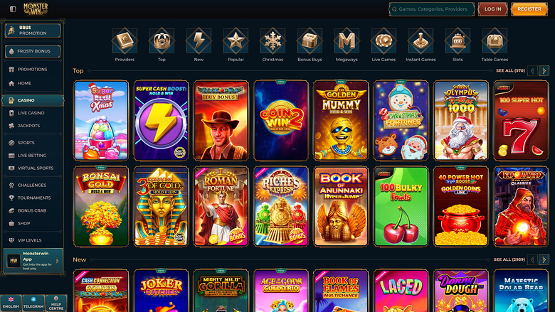 A Monster Win casino lobby screen showing a left sidebar menu, a top provider icon row, and two rows of game tiles under Top and New headings.