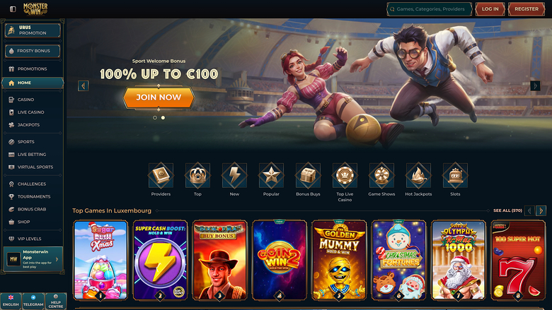 A MonsterWin online casino lobby screenshot showing a sports welcome bonus hero banner, a left sidebar menu, a category icon row and a row of game tiles.
