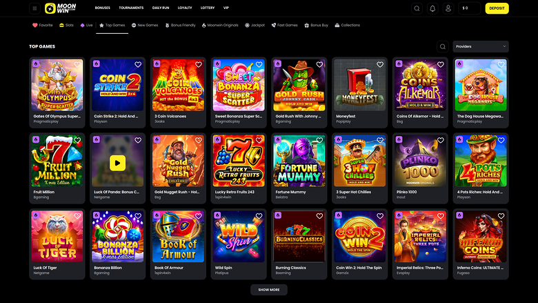 A dark-themed online casino lobby showing a grid of game tiles under a 'Top Games' heading with category filters above.