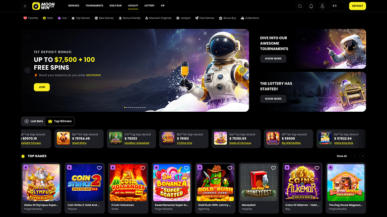 A MoonWin casino lobby screenshot showing a 1st deposit bonus hero banner, tournament and lottery promo panels, a top winners strip, and a row of game tiles.