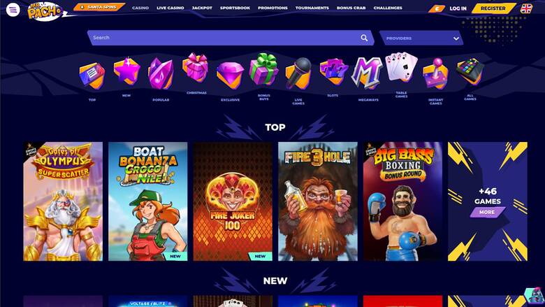 A casino lobby screen showing a top navigation bar, a search field with a providers dropdown, a row of category icons and a grid of game tiles under TOP and NEW