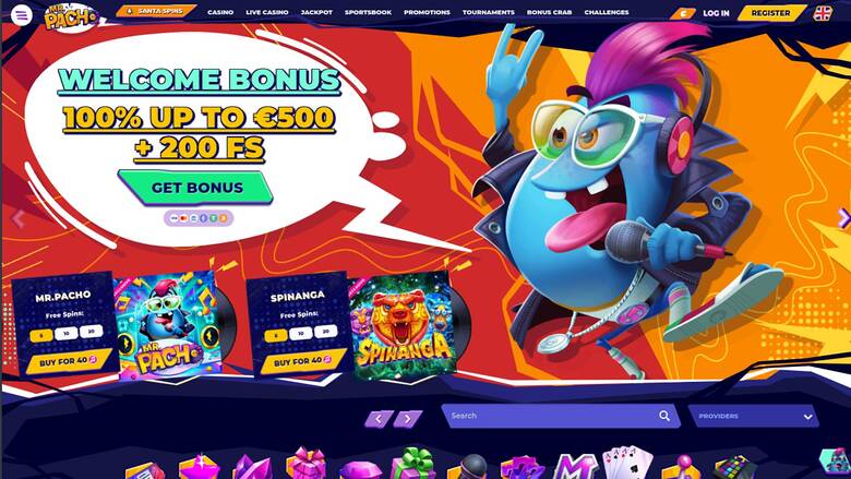Casino homepage hero banner showing a welcome bonus offer beside a cartoon mascot and two game tiles.
