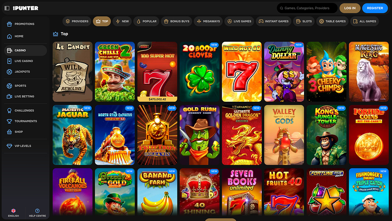 An online casino lobby page showing a grid of game tiles under a 'Top' heading with a left sidebar menu and top navigation bar.