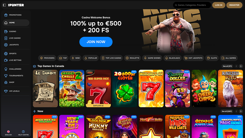 An online casino lobby page for iPunter showing a welcome bonus banner and rows of game tiles.