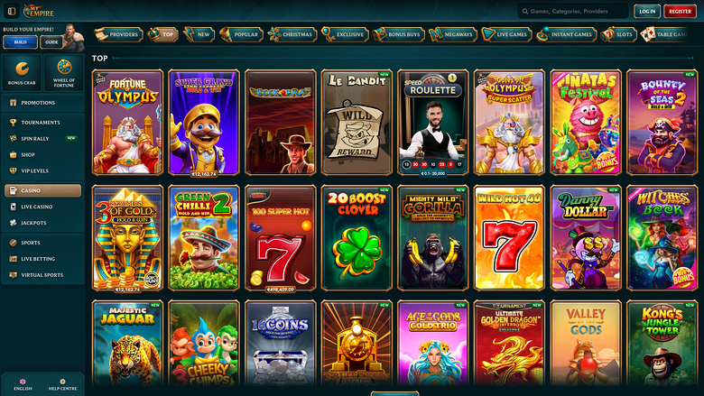 An online casino lobby shows a top navigation bar, a left sidebar menu, and a grid of game tiles under a 'TOP' heading.