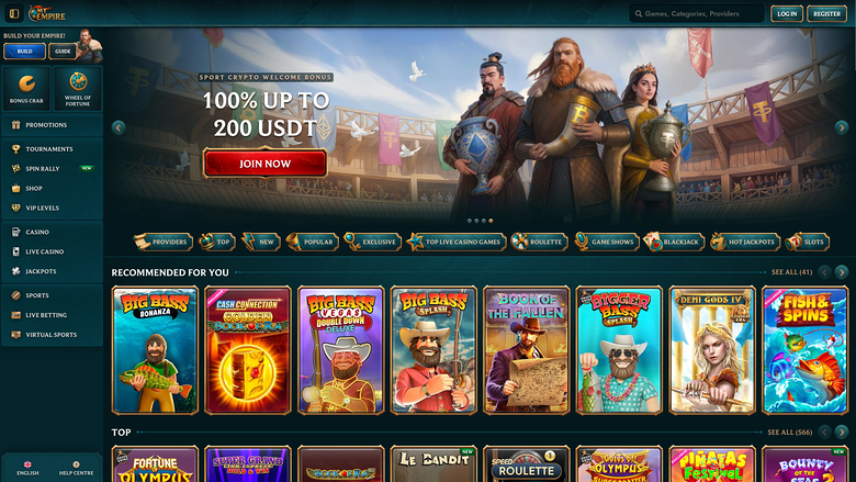 An online casino lobby screenshot showing a sports crypto welcome bonus banner, a left sidebar menu, and rows of game tiles under Recommended for you and Top se