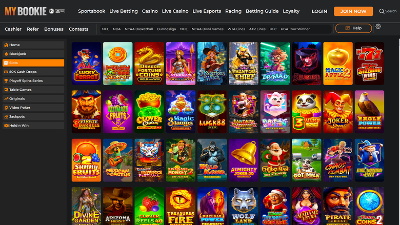 A MyBookie casino lobby screen showing a left sidebar of casino categories and a grid of slot game tiles under a sports and casino navigation bar.