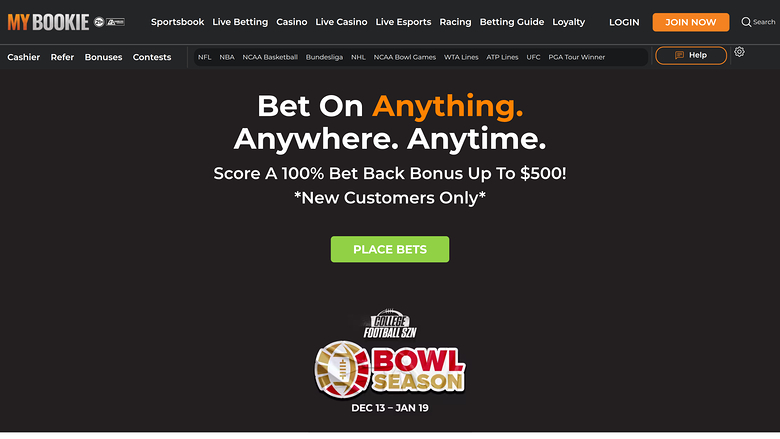 A MyBookie sportsbook homepage showing a 'Bet On Anything' hero banner with a 100% Bet Back Bonus up to $500 for new customers and a Bowl Season logo.