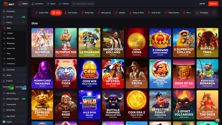 A desktop online casino lobby shows a Slots category grid of game tiles beneath a top navigation bar and a left sidebar of lobby filters.