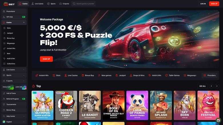 A desktop online casino lobby shows a left sidebar menu, a welcome-package hero banner with a red sports car, and a row of game tiles under a 'Top' heading.
