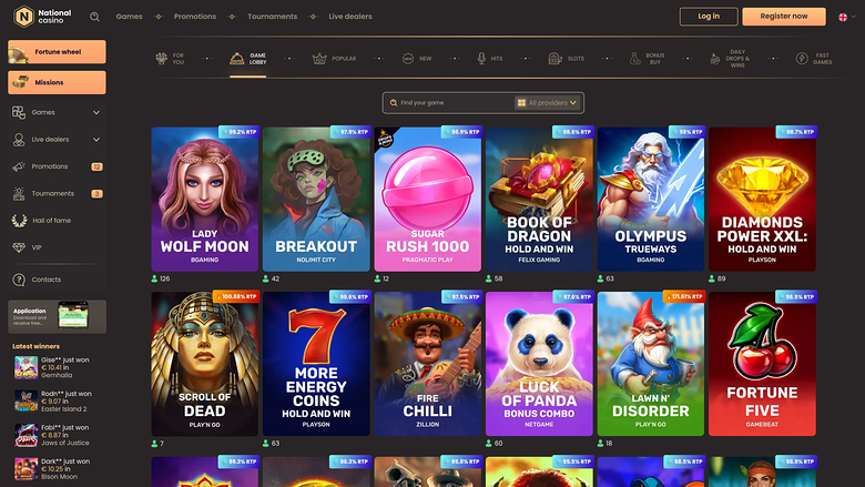 A desktop online casino lobby screen showing a top navigation bar, a left sidebar menu, and a grid of game tiles with RTP and provider labels.