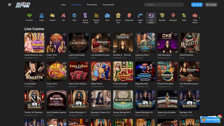 Need for Spin Casino — Live dealer lobby