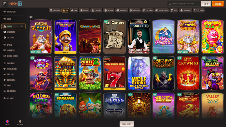 An online casino lobby shows a grid of game tiles under a 'Top' heading with a left sidebar of categories and a top navigation bar.