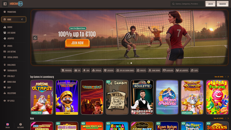 An online casino lobby screenshot showing a football-themed welcome bonus banner above a row of game tiles labelled Top Games in Luxembourg.