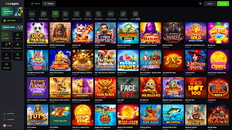 An online casino lobby titled neospin shows a grid of game thumbnails under a top navigation bar with Sports and Casino tabs.