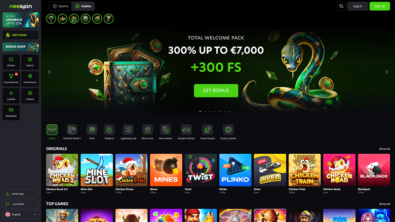 A Neospin online casino lobby screenshot showing a 300% up to €7,000 plus 300 FS welcome bonus banner and game category rows.