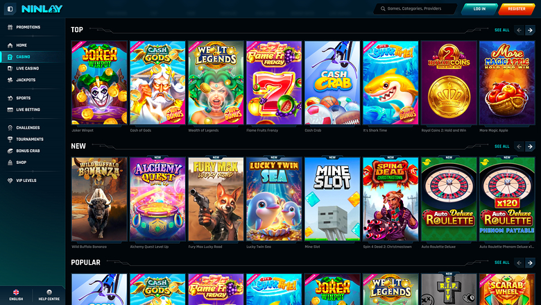 Ninlay casino lobby showing TOP, NEW and POPULAR game rows with a left sidebar and Log In and Register buttons.