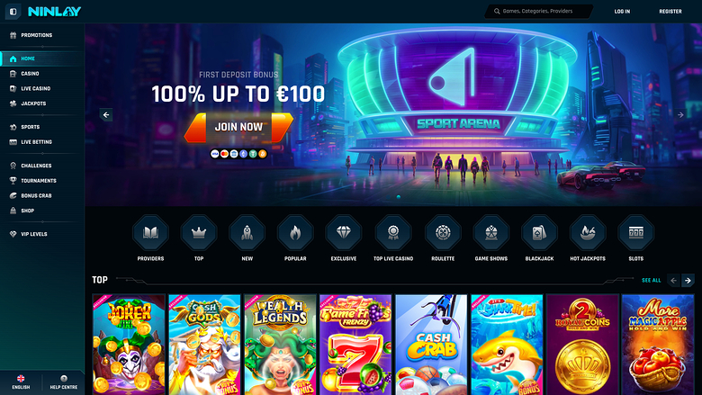 Ninlay casino lobby showing a first deposit bonus banner and a row of game tiles under a Top section.