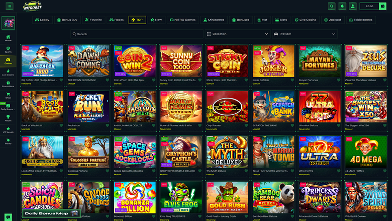 A casino lobby screen showing a grid of game tiles under a top navigation bar with category tabs and a search field.