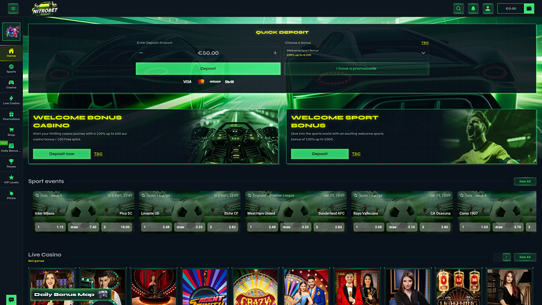 A Nitrobet casino lobby screenshot showing a quick deposit panel, two welcome bonus banners, a sports betting section and a live casino row.