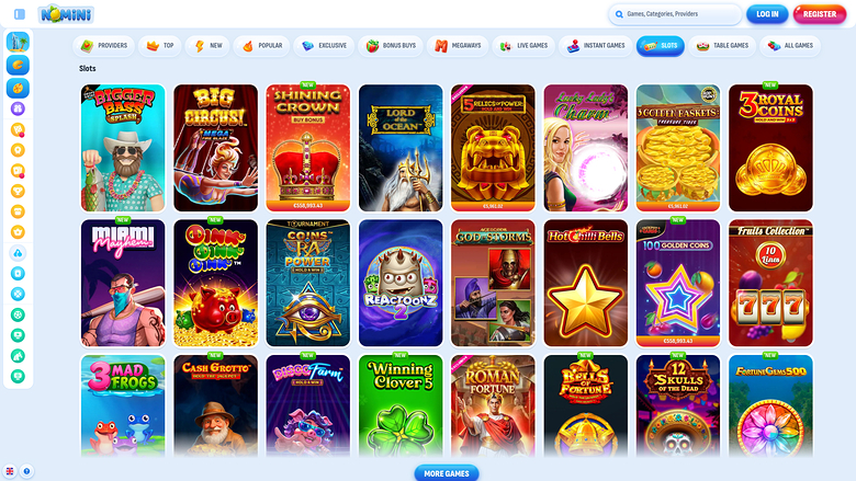 An online casino lobby screenshot showing a 'Slots' game grid with a left icon sidebar, top category tabs, and Log In and Register buttons.