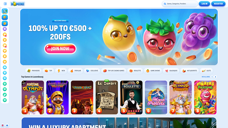 An online casino lobby page showing a welcome bonus banner, category tabs and a row of numbered game tiles.