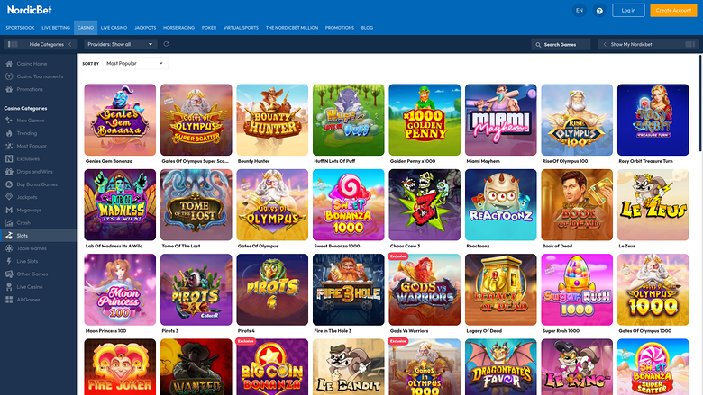 A desktop lobby screen for the NordiBet online casino showing a grid of game tiles under a 'Most Popular' filter.