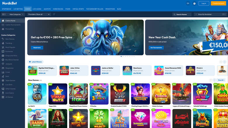 NordicBet casino lobby page showing a welcome bonus hero banner, jackpot tiles and rows of game thumbnails.