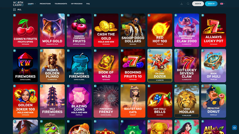 An online casino lobby page shows a grid of game tiles under a top navigation bar with Login and Sign Up buttons.