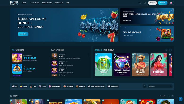 An online casino lobby screenshot showing a welcome bonus hero banner, winners and trending game panels, a category filter bar, and a row of new game tiles.
