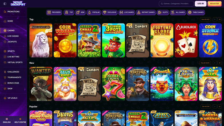 An online casino lobby screenshot showing a dark purple interface with game tiles arranged in Top, New and Popular rows.
