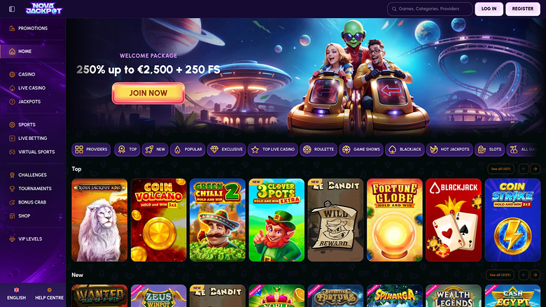 An online casino lobby screen showing a welcome package banner and rows of game tiles under a dark purple interface.