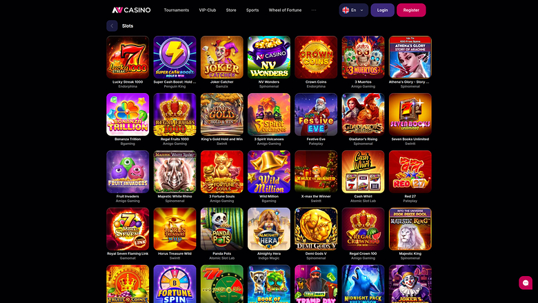 An online casino lobby showing a 'Slots' category grid of game tiles on a dark background with a top navigation bar and login/register buttons.