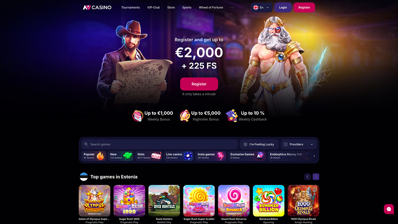 An online casino homepage with a registration hero banner, bonus offers, a search and category bar, and a row of game tiles.