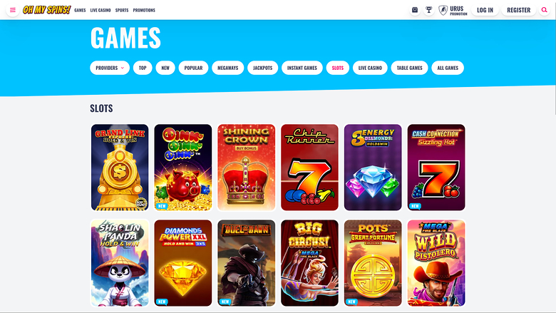 An online casino lobby page titled GAMES showing a Slots section with twelve game tiles under a category menu.
