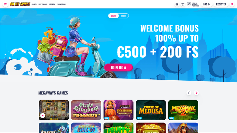 An online casino homepage for Oh My Spins showing a welcome bonus hero banner and a Megaways Games tile row.