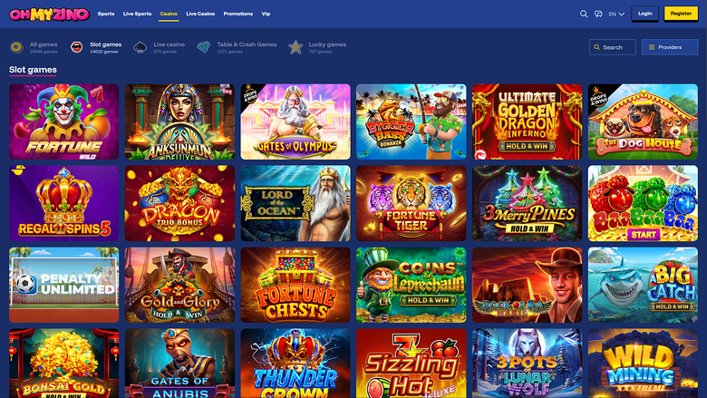 An online casino lobby page titled Slot games showing a grid of game tiles under a top navigation bar.