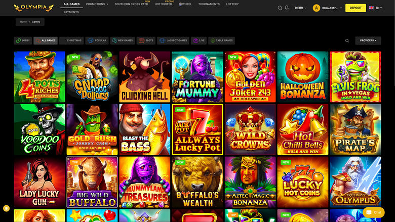 An online casino lobby page showing a grid of game tiles under a top navigation bar and a category filter row.