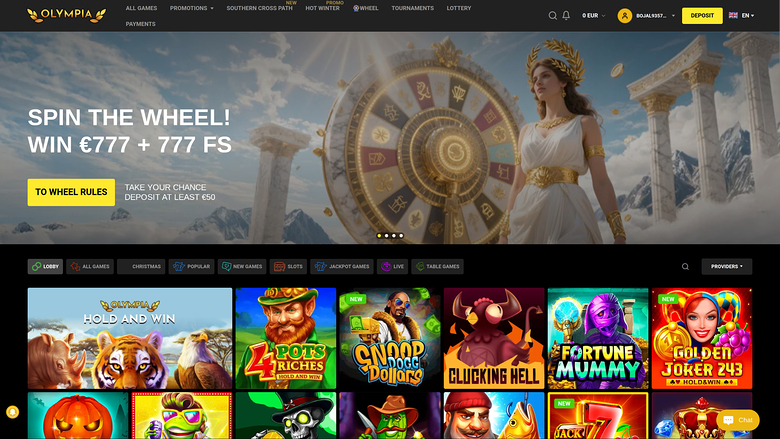 An online casino lobby page shows a 'Spin the Wheel' promotion banner above a grid of game tiles and a category navigation bar.