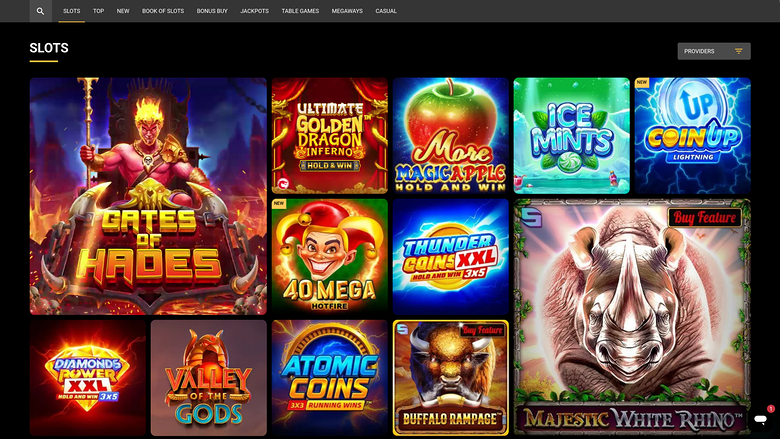 A slots lobby screen showing a grid of game tiles under a dark header with category links.