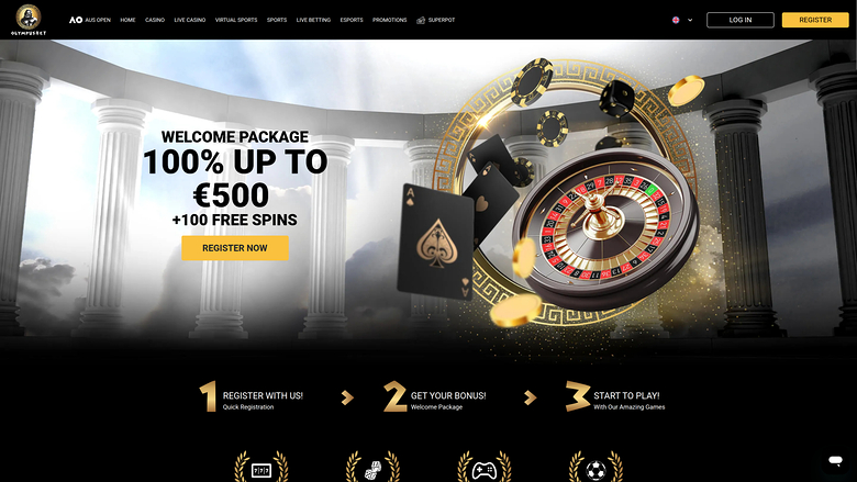 An online casino homepage shows a welcome package hero banner with a registration call to action and a three-step sign-up guide.
