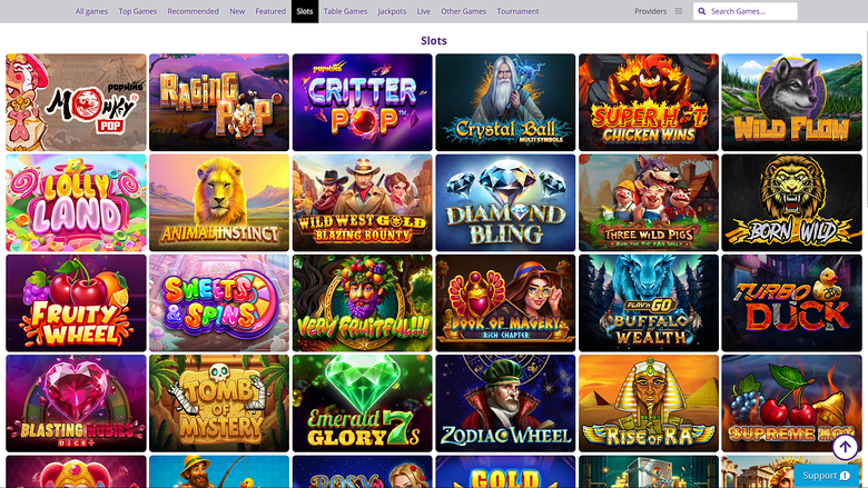An online casino lobby showing a 'Slots' category grid of game thumbnails beneath a horizontal category menu and search bar.