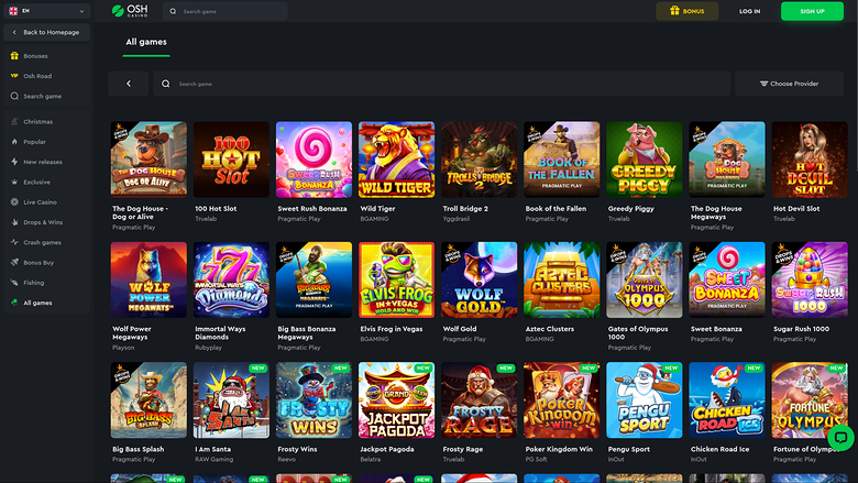 An online casino lobby showing an 'All games' grid of game tiles with a left sidebar of categories and a top bar with login and sign-up buttons.
