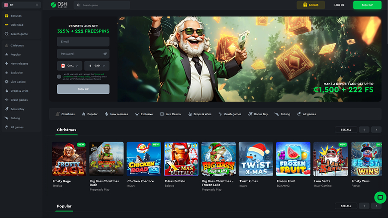 An online casino lobby page showing a registration form beside a promotional banner and a row of Christmas-themed game tiles.