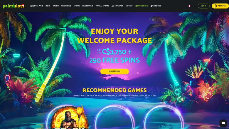 A casino landing page with a neon tropical theme showing a welcome package offer and a recommended games section.