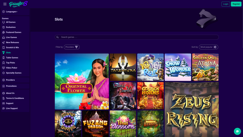 A casino lobby 'Slots' page showing a left sidebar menu, a search bar, filter and sort controls, and a grid of slot game tiles.