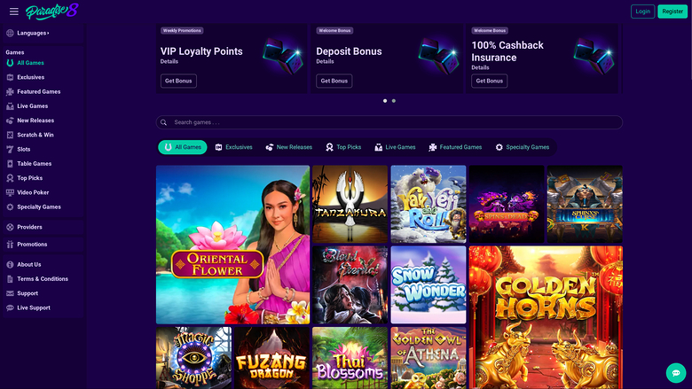 An online casino lobby screen showing a left sidebar menu, promotional banners, a search bar, category tabs and a grid of game tiles.