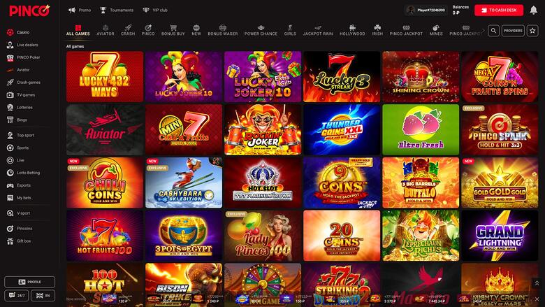 A Pinco casino lobby screen showing a grid of game tiles under an 'All Games' tab with a left sidebar menu and top header.