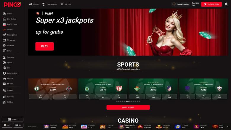 A Pinco casino lobby screen showing a jackpot hero banner, a sports betting section and the top of a casino game row.