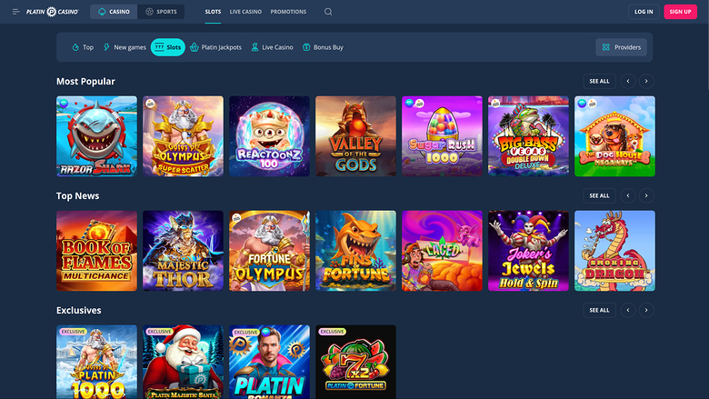 A casino lobby screen showing rows of game tiles under the headings Most Popular, Top News and Exclusives.